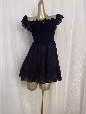 A line Black Chiffon Travel Vacation Dress Short Birthday Dress SD0062